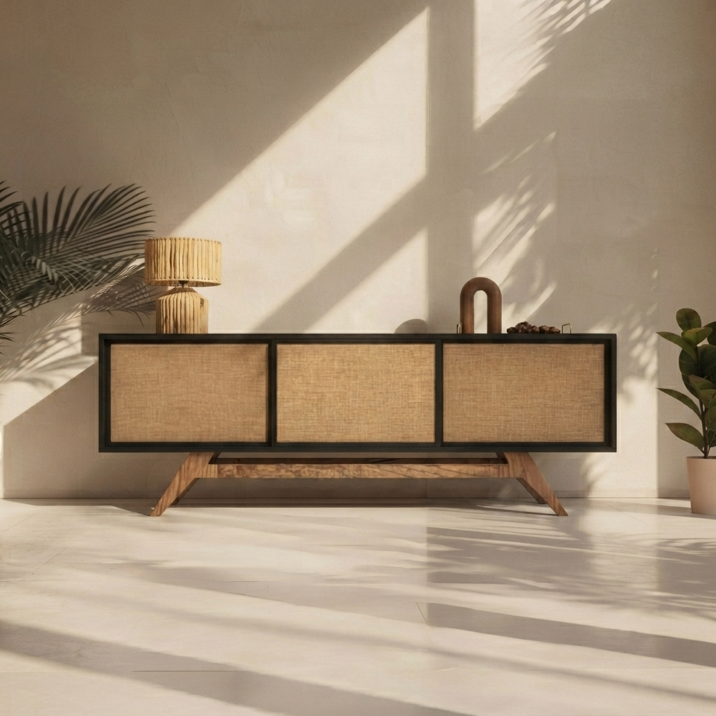 Modern Black Rattan TV Console