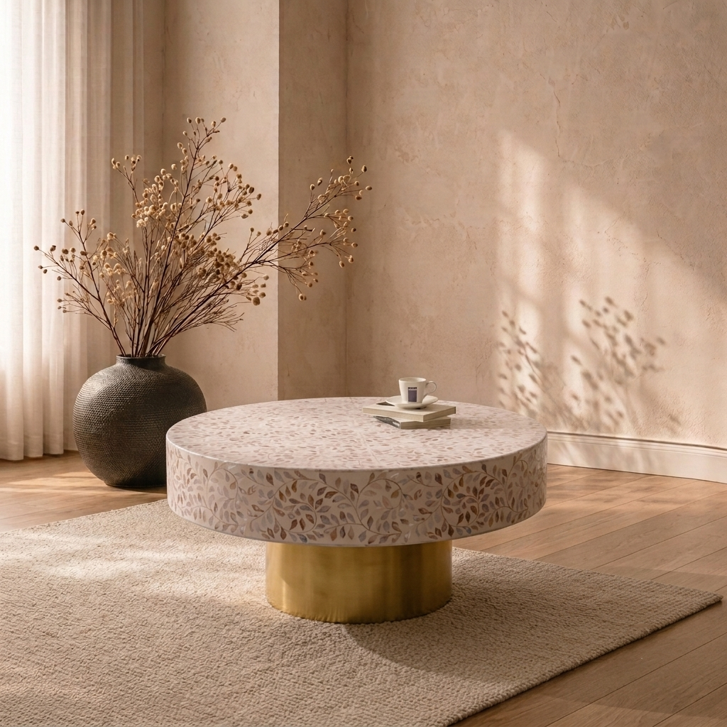 Mother of Pearl Round White Coffee Table- Cleo
