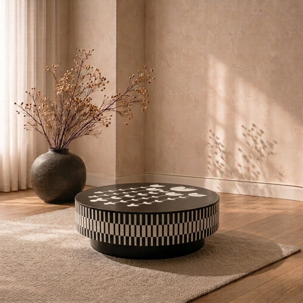 CasaGold “Elysian Bloom” Black & White Inlay Coffee Table