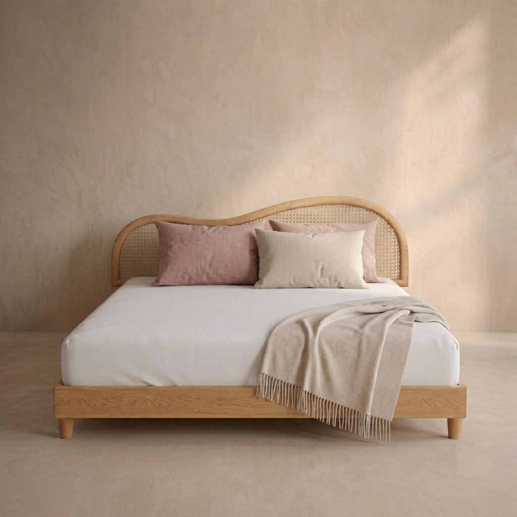 Wavy Rattan Wooden Bed – A Blend of Style and Comfort