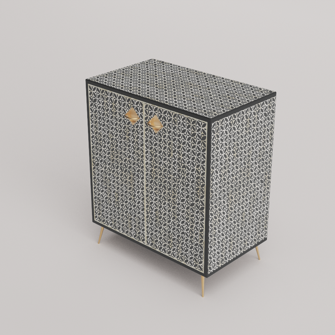 Geometric-pattern bone inlay storage cabinet for modern elegance.