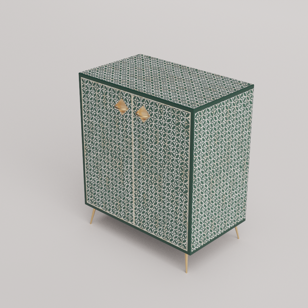 Geometric Green & Gold bone inlay storage cabinet for opulent living.