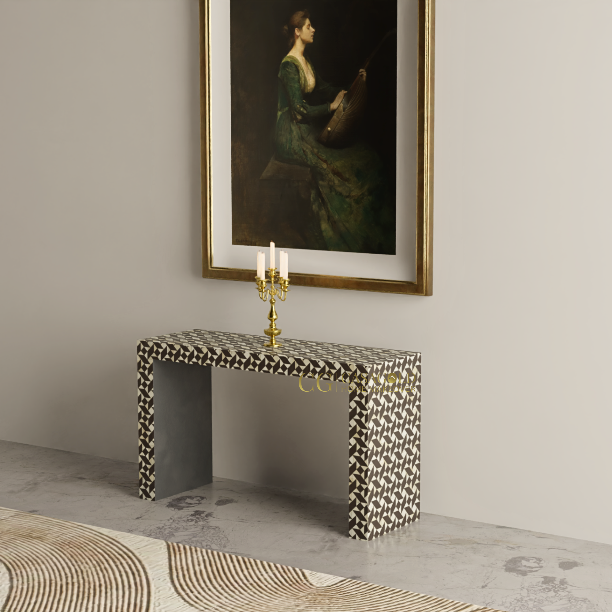 Unique geometric inlay console for elegant home styling