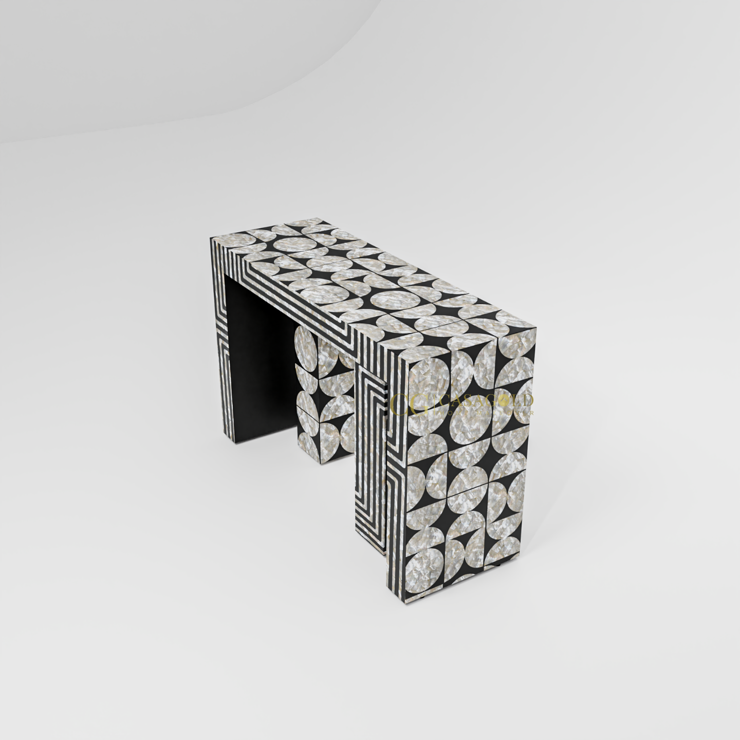 Entry table with intricate geometric surface and asymmetrical leg detailing in monochrome tones.