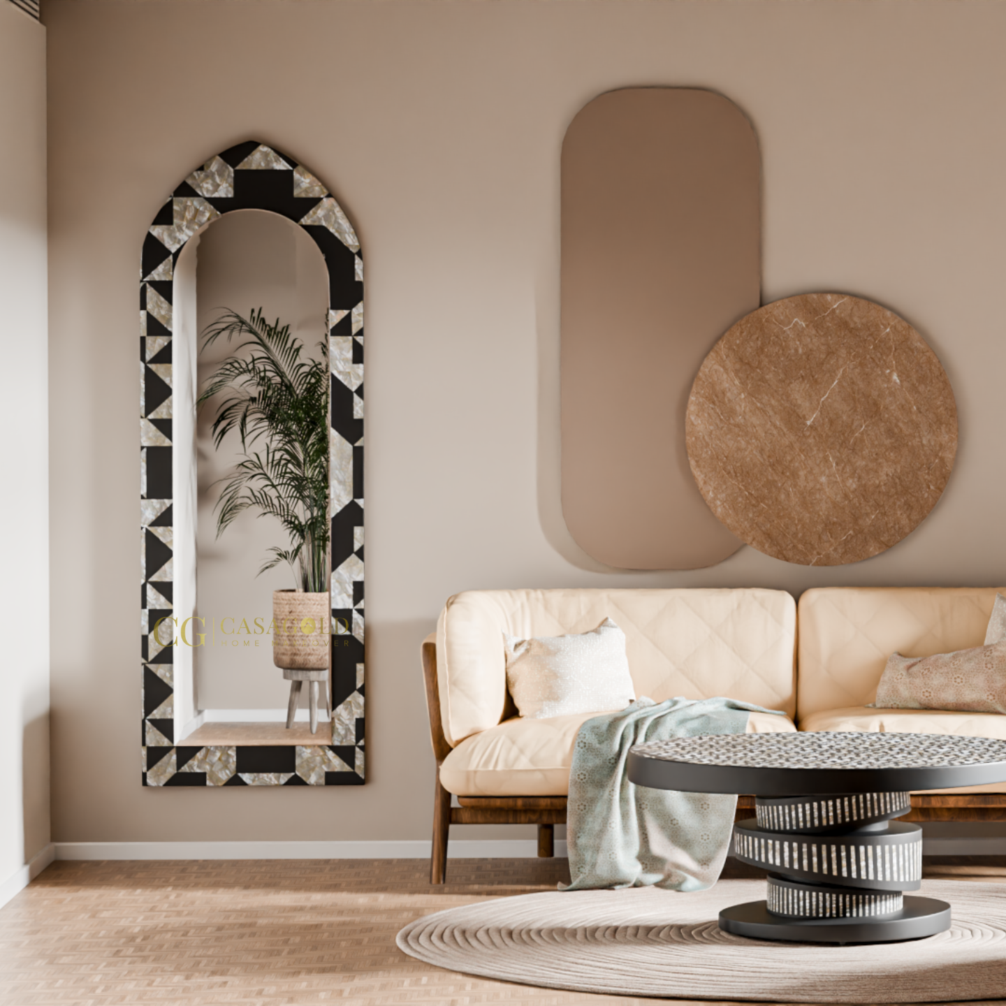 Tall arched mirror with geometric black and white frame