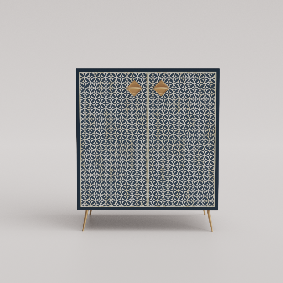 Geometric wood and bone inlay storage cabinet for elegant storage solutions.