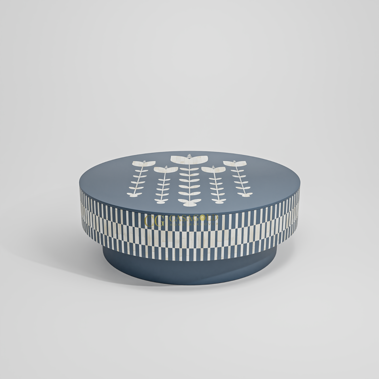A round, blue ottoman or coffee table featuring two distinct blue and white patterns.