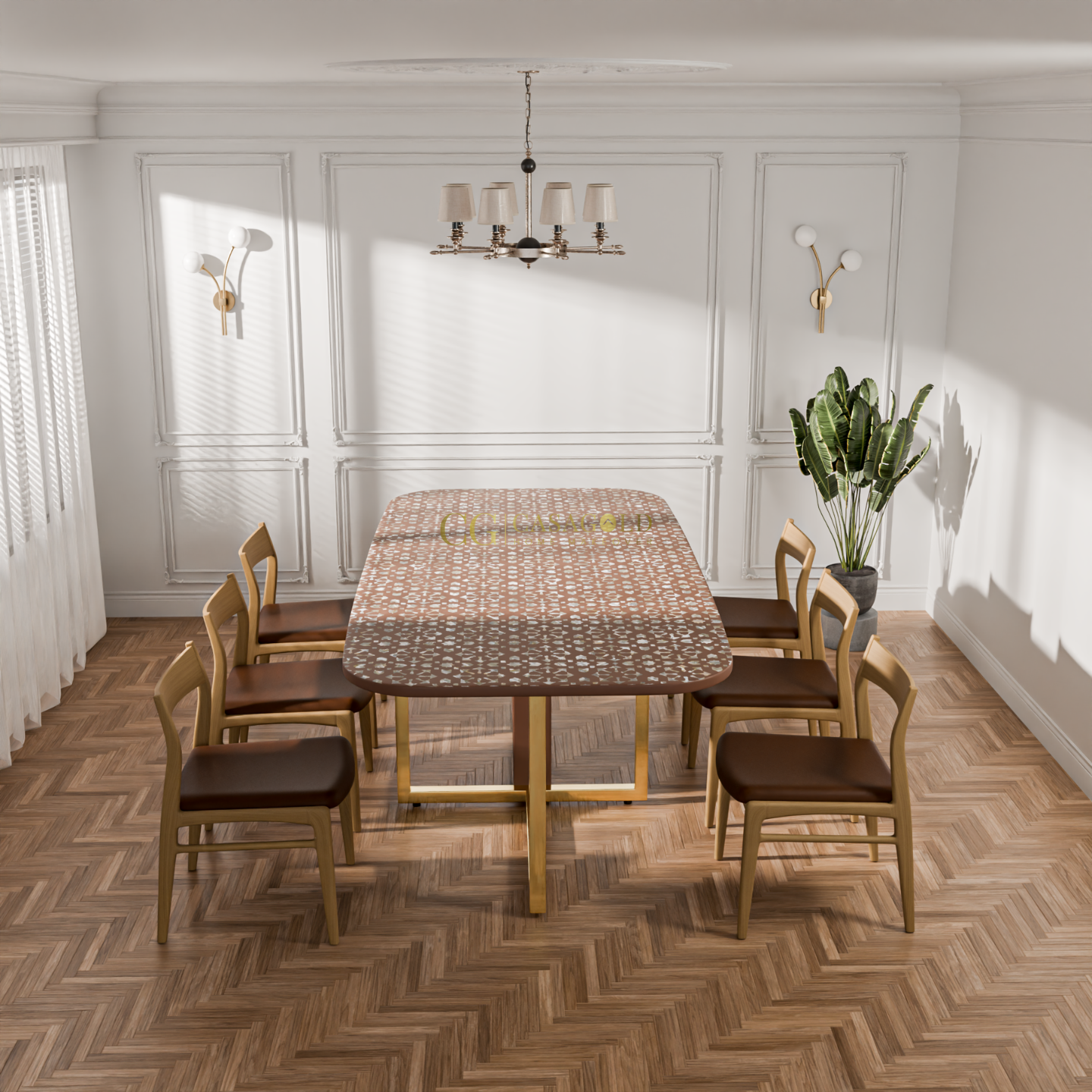 High-end rectangular dining table with signature CG Casa base and intricate tabletop pattern in neutral tones.