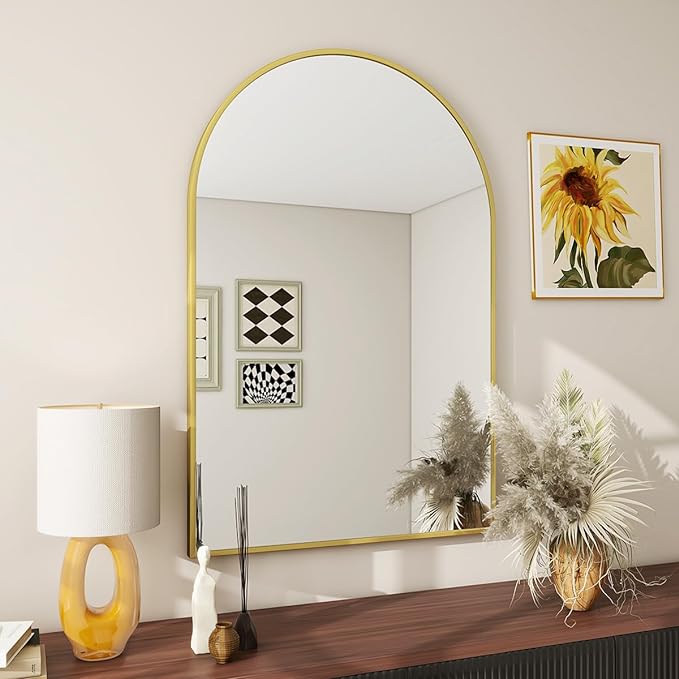 Gold Color Steel Frame Style Arch Glass Wall Mirror