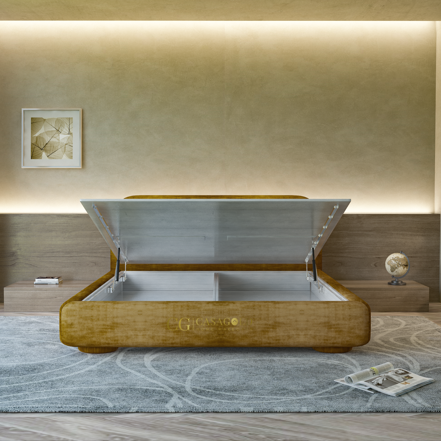 Contemporary golden mustard velvet bed with smooth, rounded edges and a hydraulic lift storage base