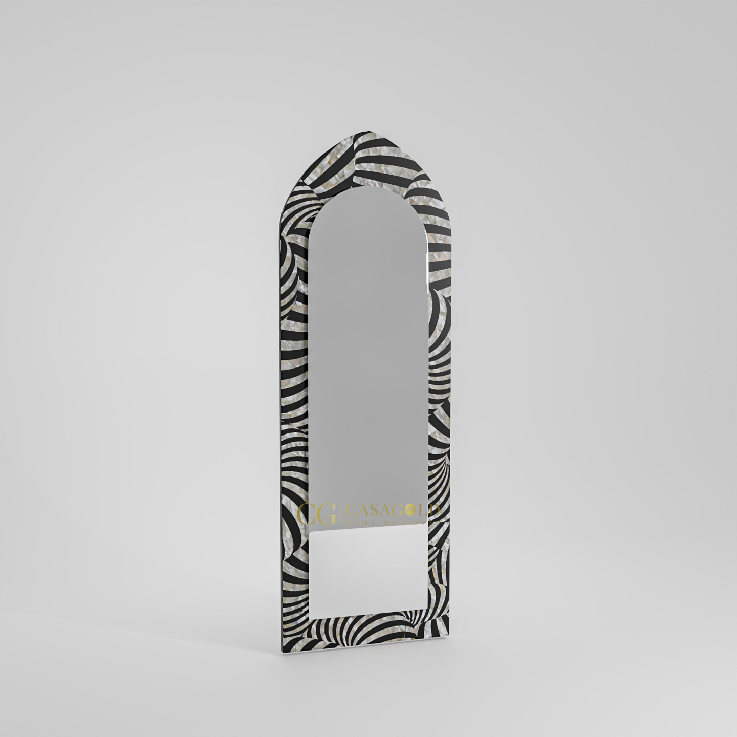 Tall, pointed-arch mirror featuring a striking black and white zebra pattern frame