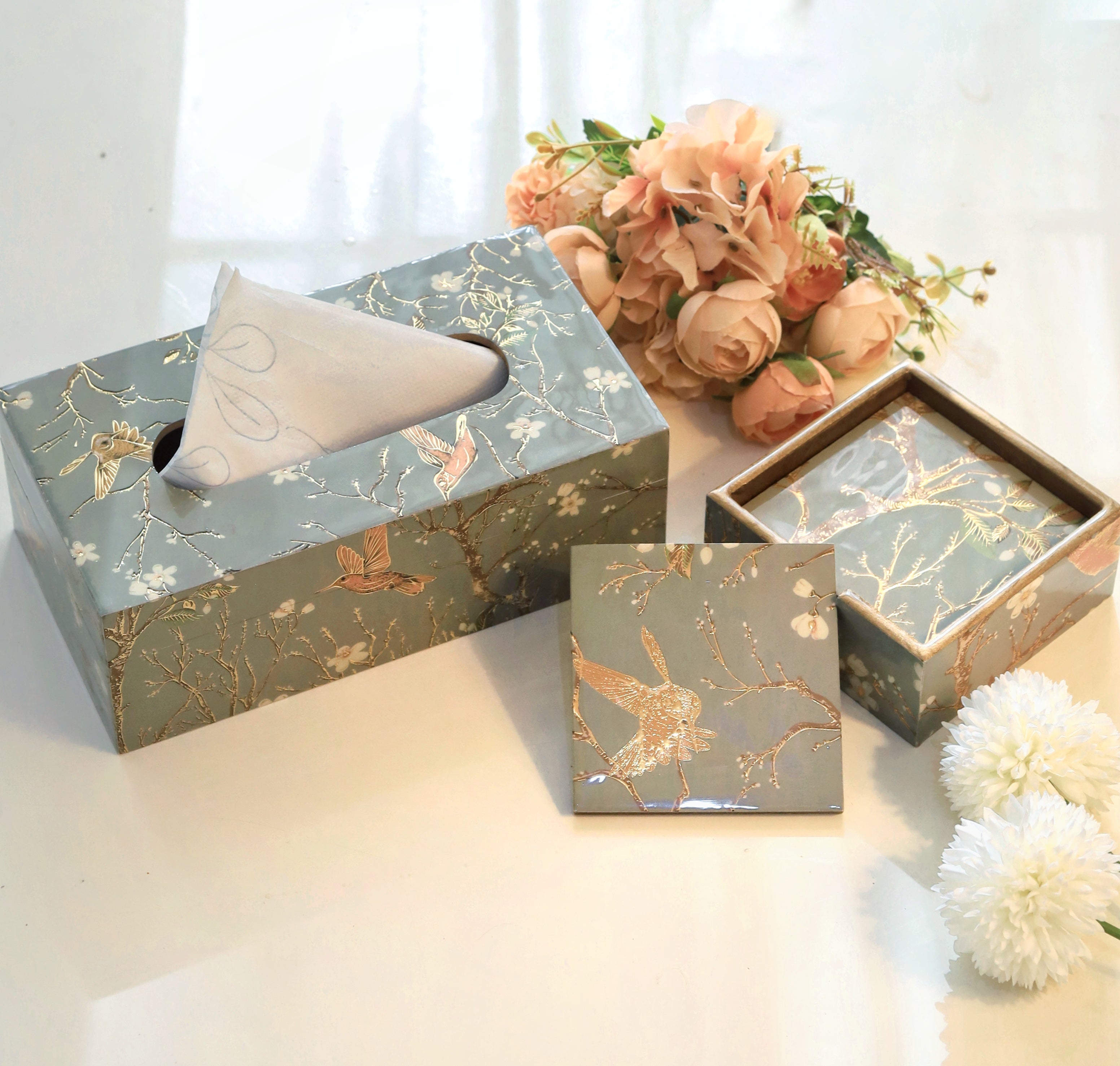 Grey Bird coaster and matching tissue box for elegance