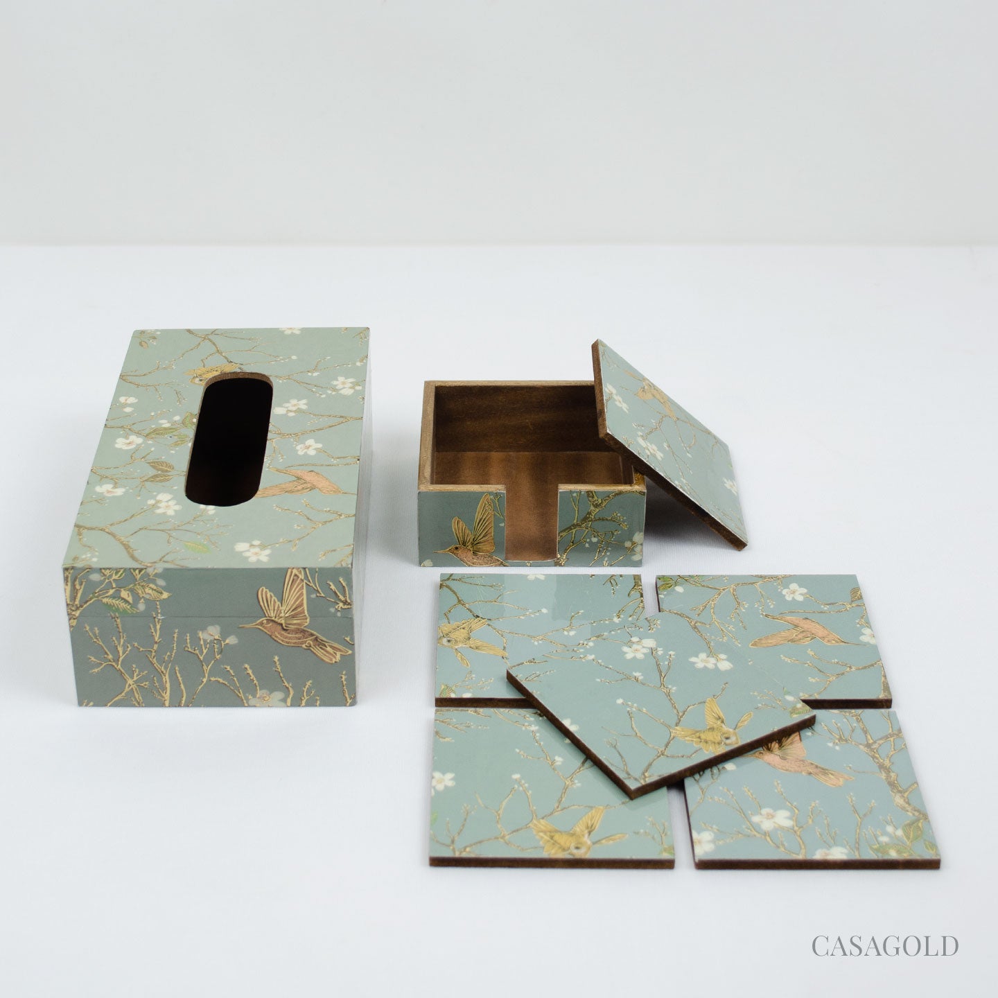 Premium coaster and tissue box set for dining areas