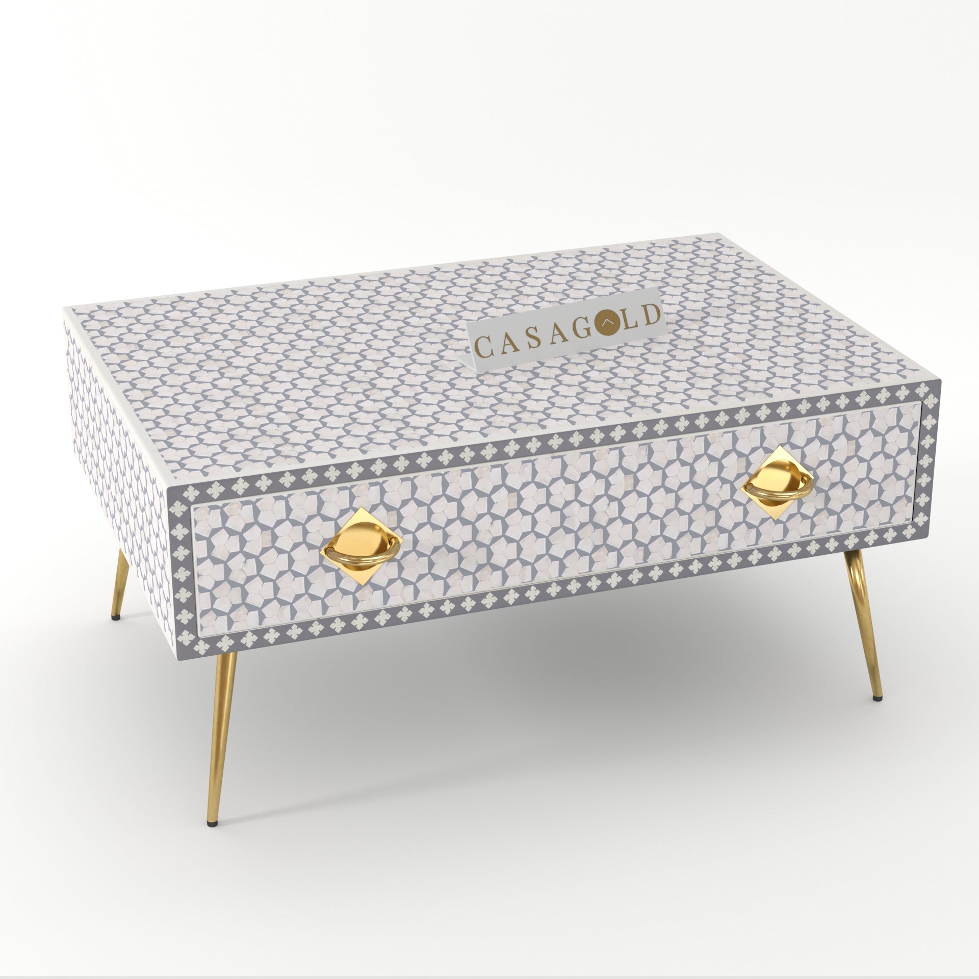 "Rustic rectangular coffee table with handcrafted bone inlay details"