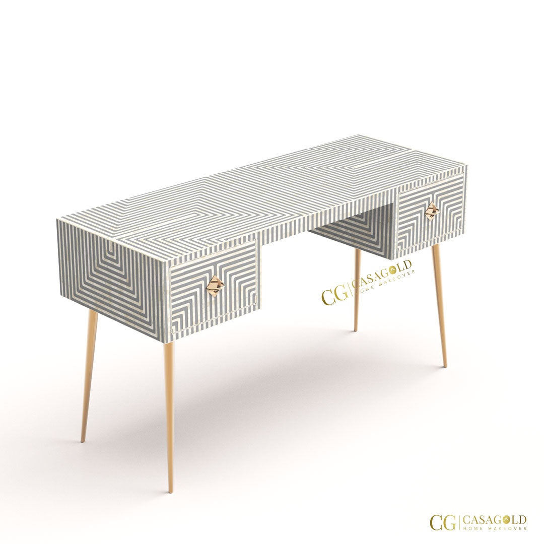 Grey and gold bone inlay executive desk with artistic patterns