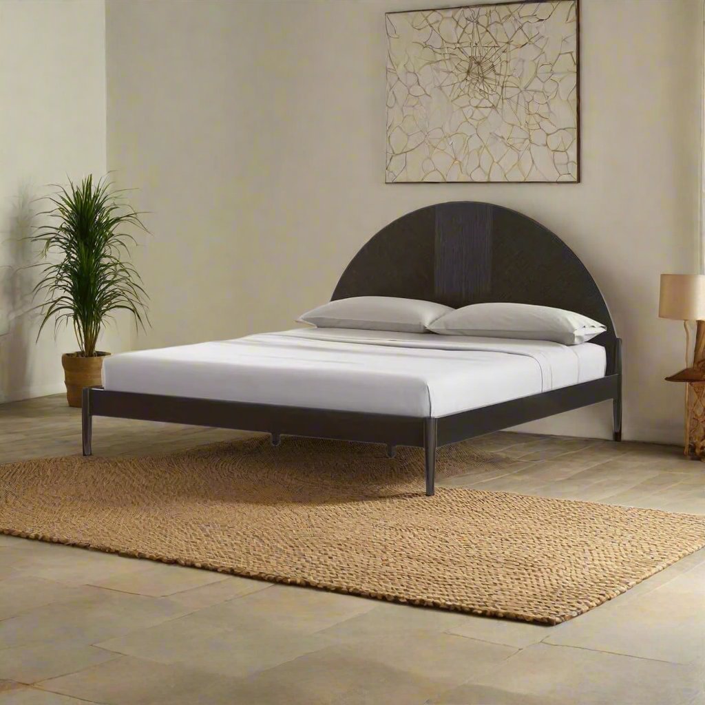 Modern Half-Moon Cane Panel Bed with Wooden Frame