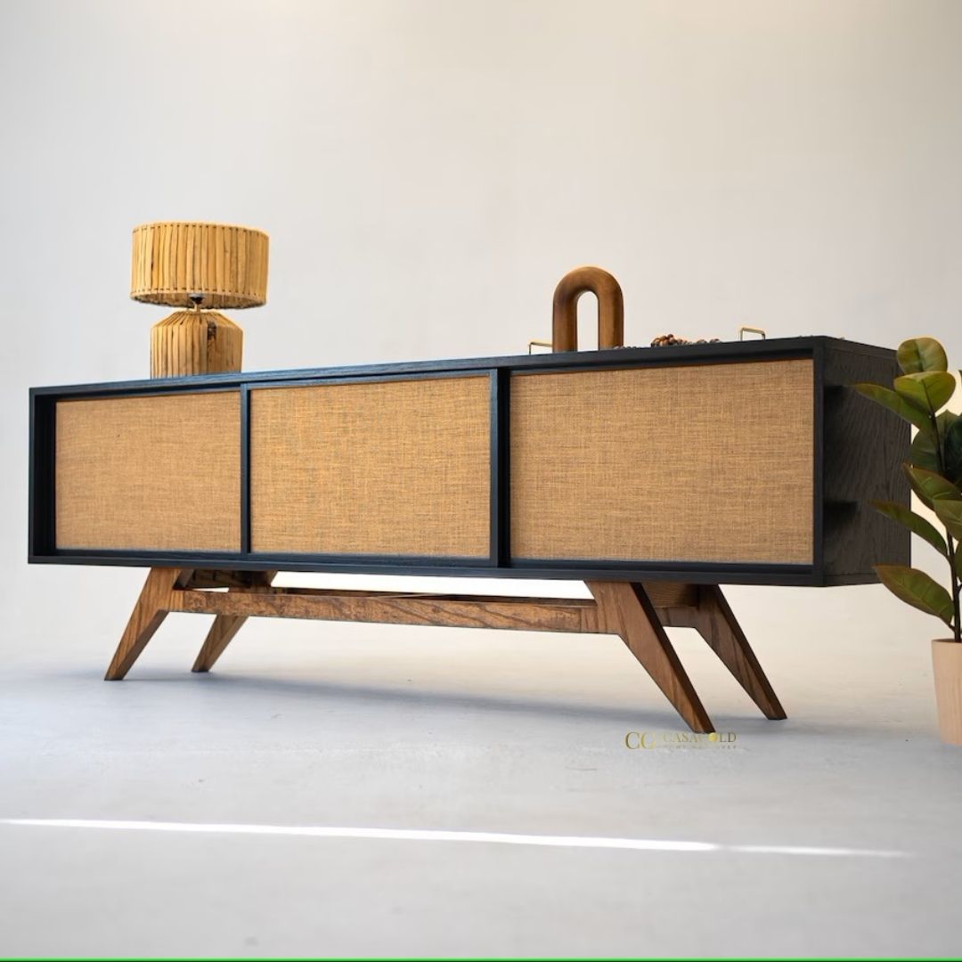 Handcrafted ash wood TV console with burlap-paneled sliding doors