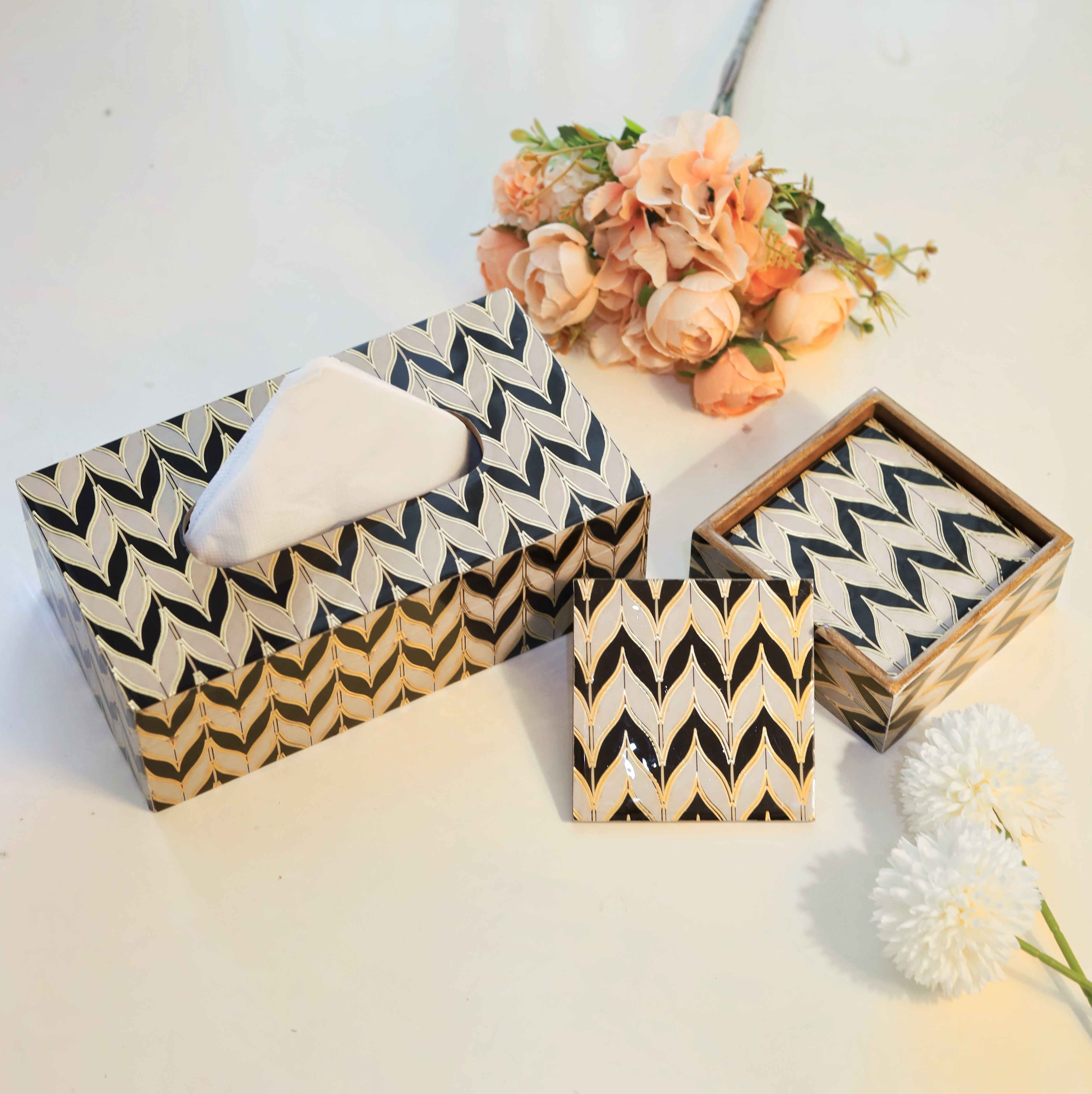 Handcrafted coaster and tissue box set