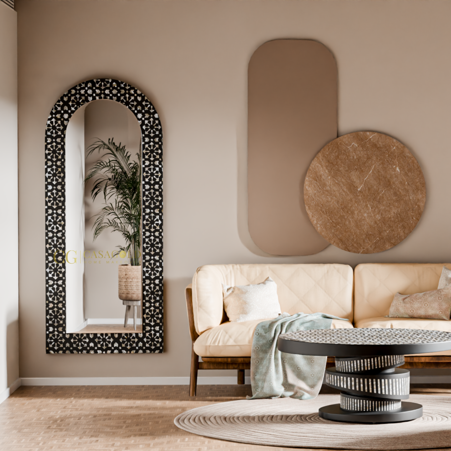 Mirror with detailed monochrome frame enhancing minimalist interior decor