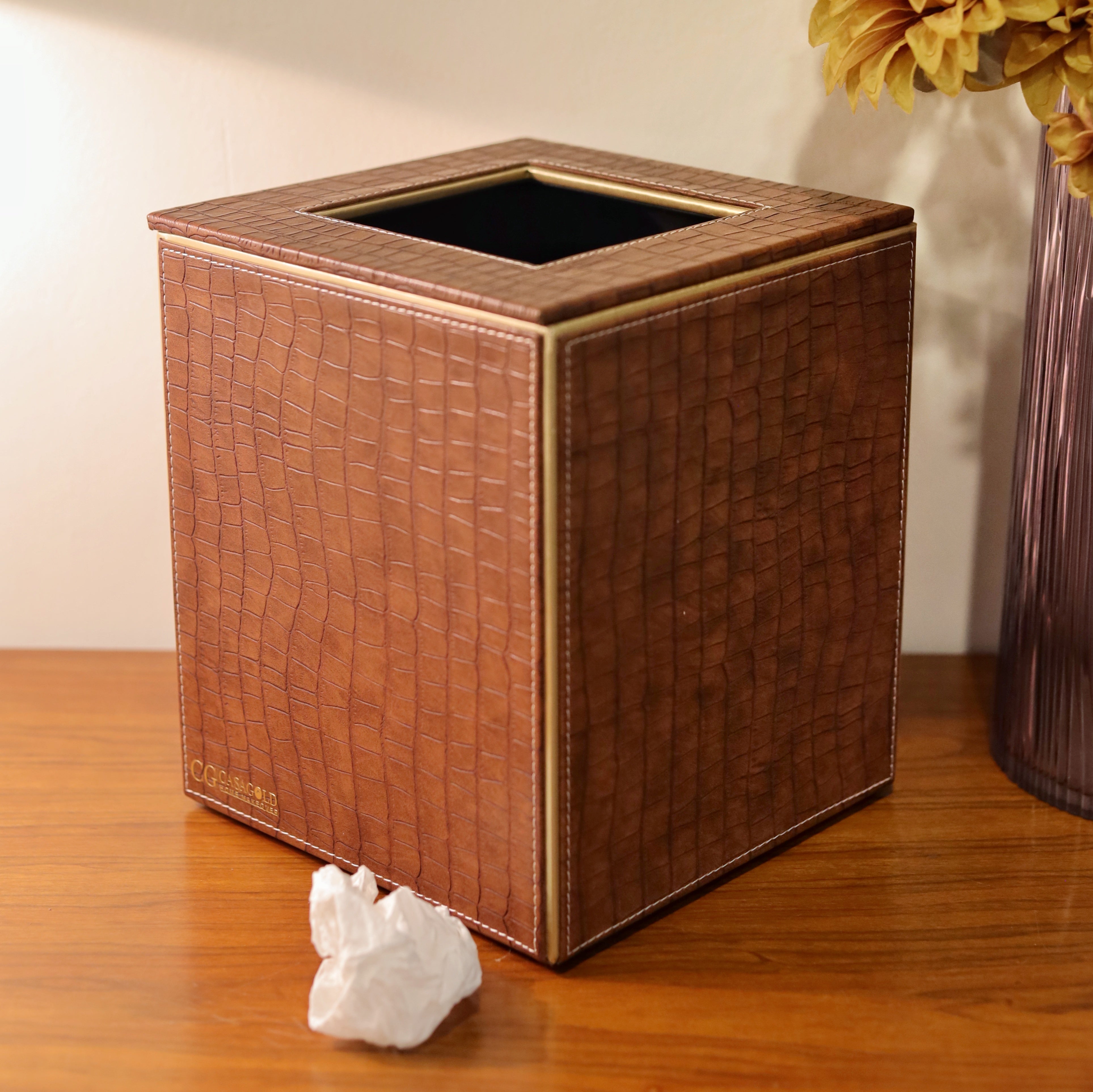 Handcrafted Leather Tan croco Dustbin for Eco-Friendly Homes