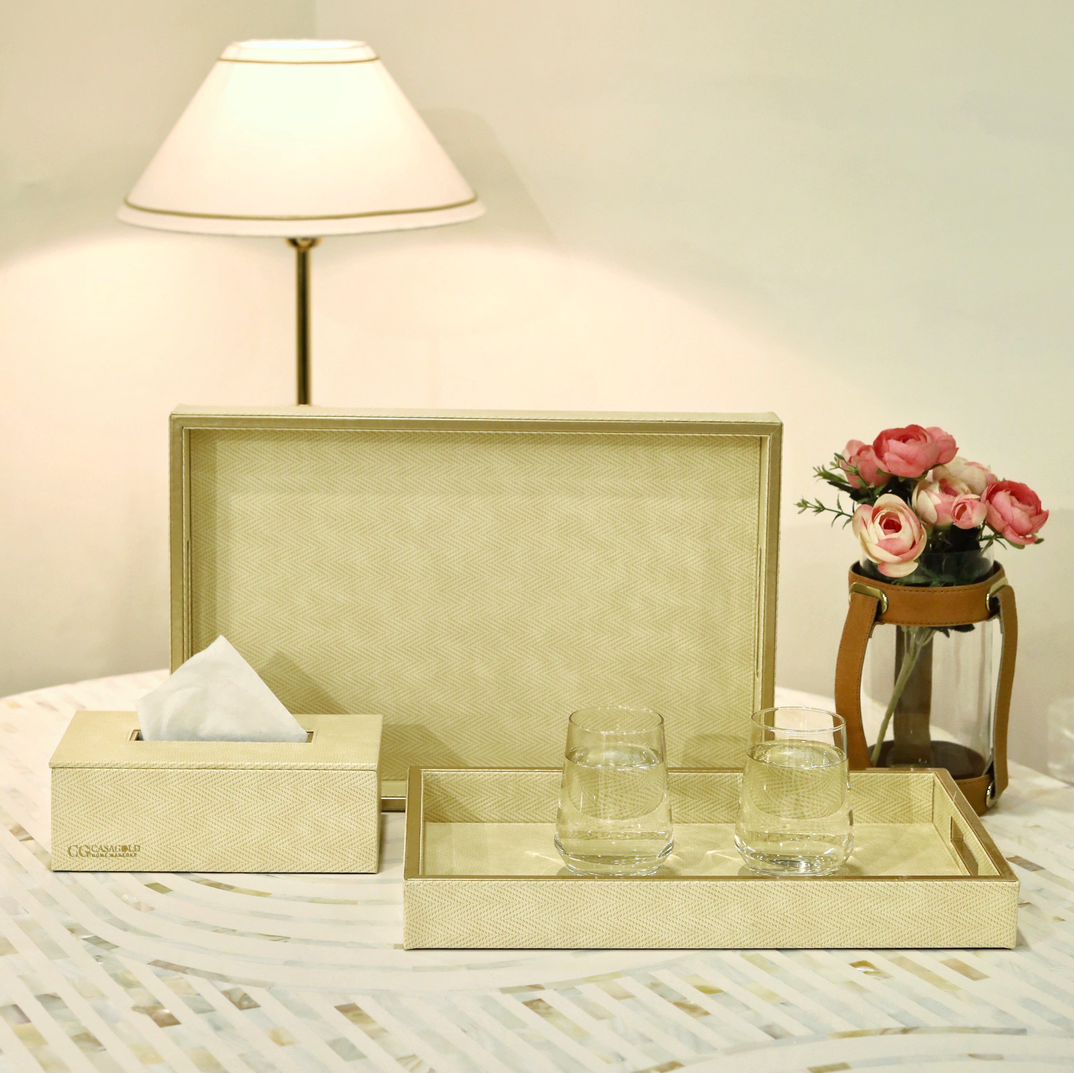 Handcrafted leather serving tray with tissue box