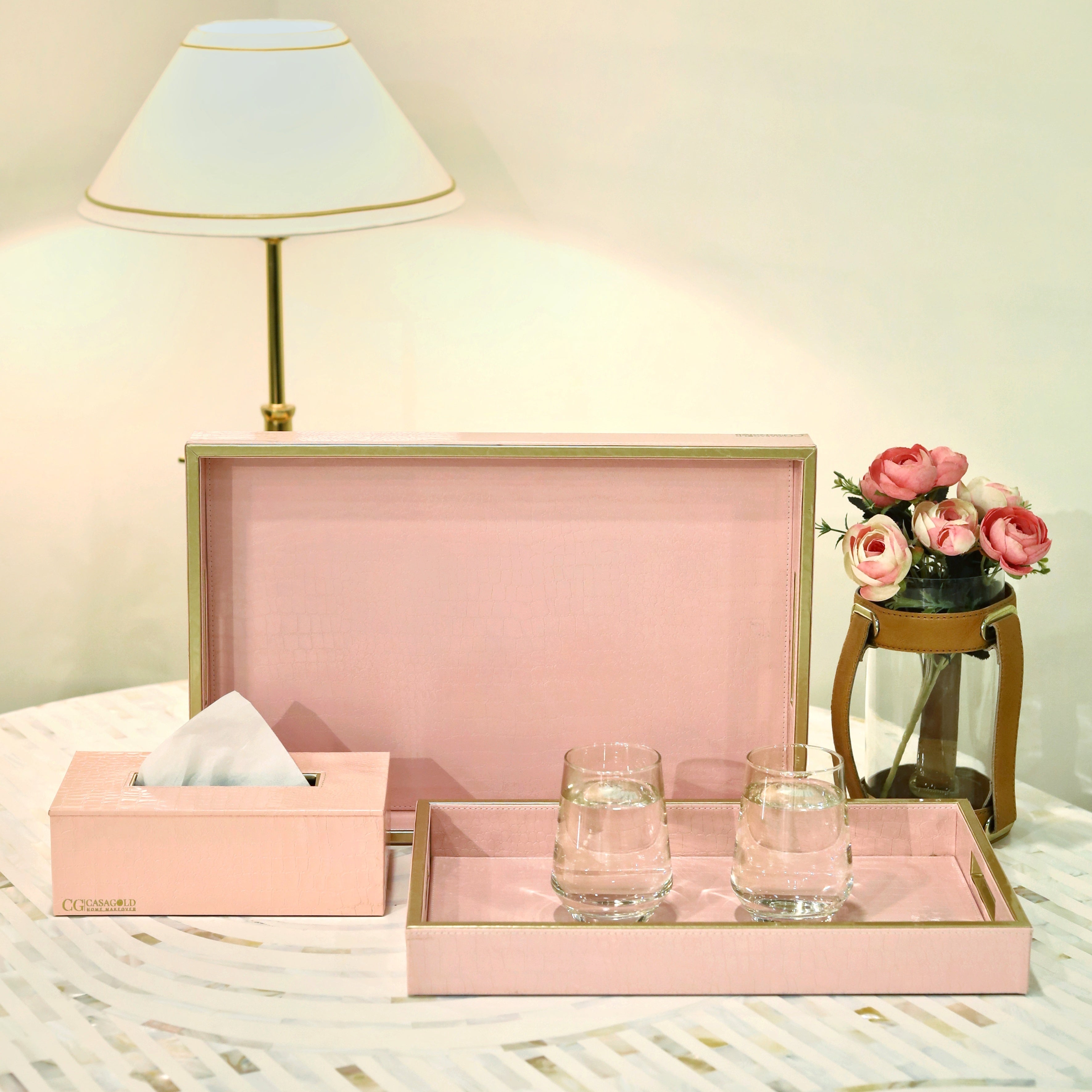 Elegant handcrafted leather tray with tissue box