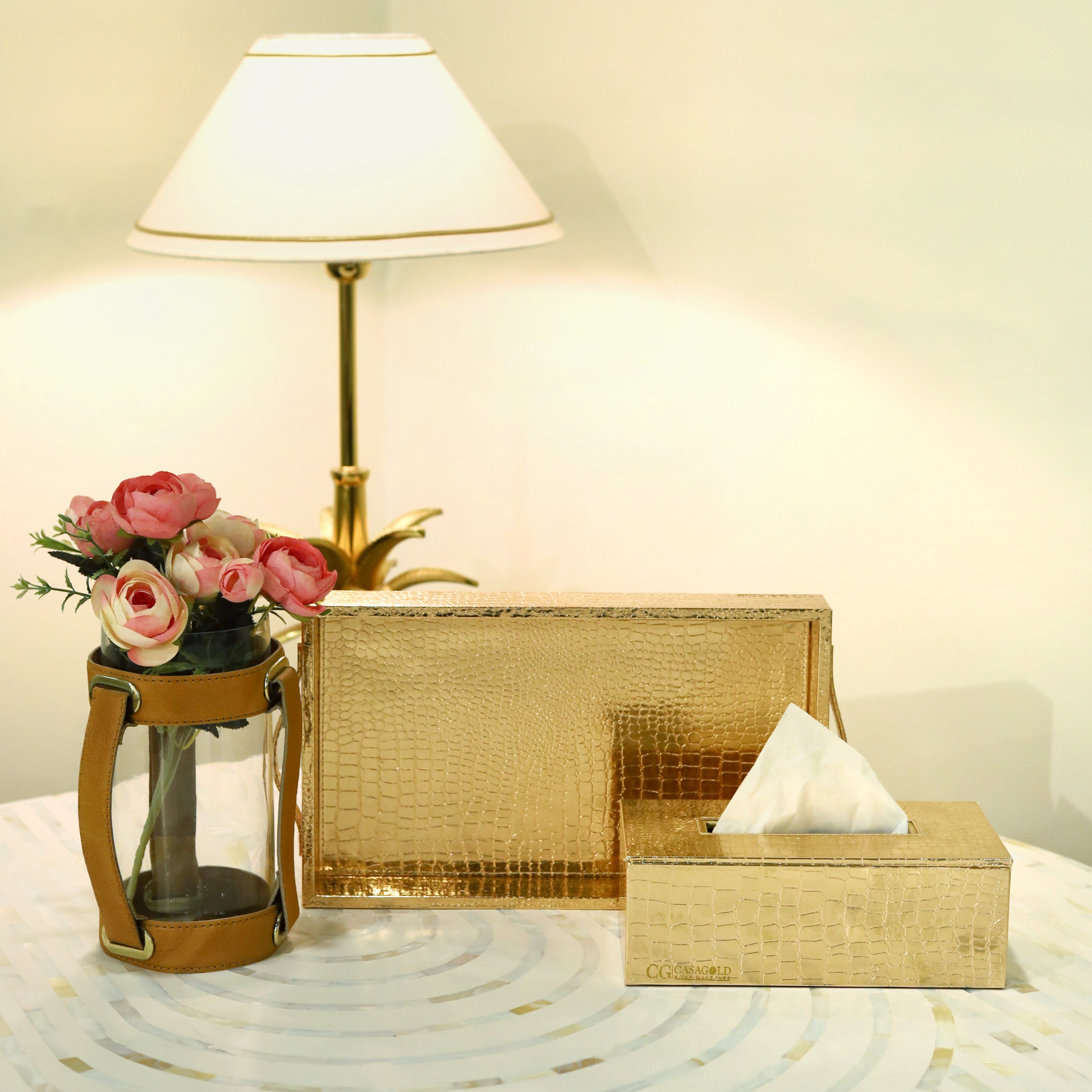 Leather tray with tissue organizer for dining settings