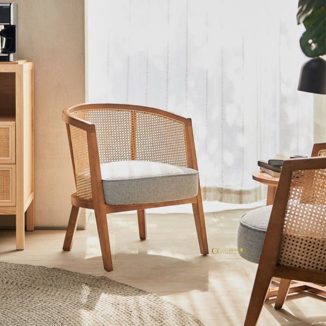 Handcrafted rattan chair with cushion and wooden finish