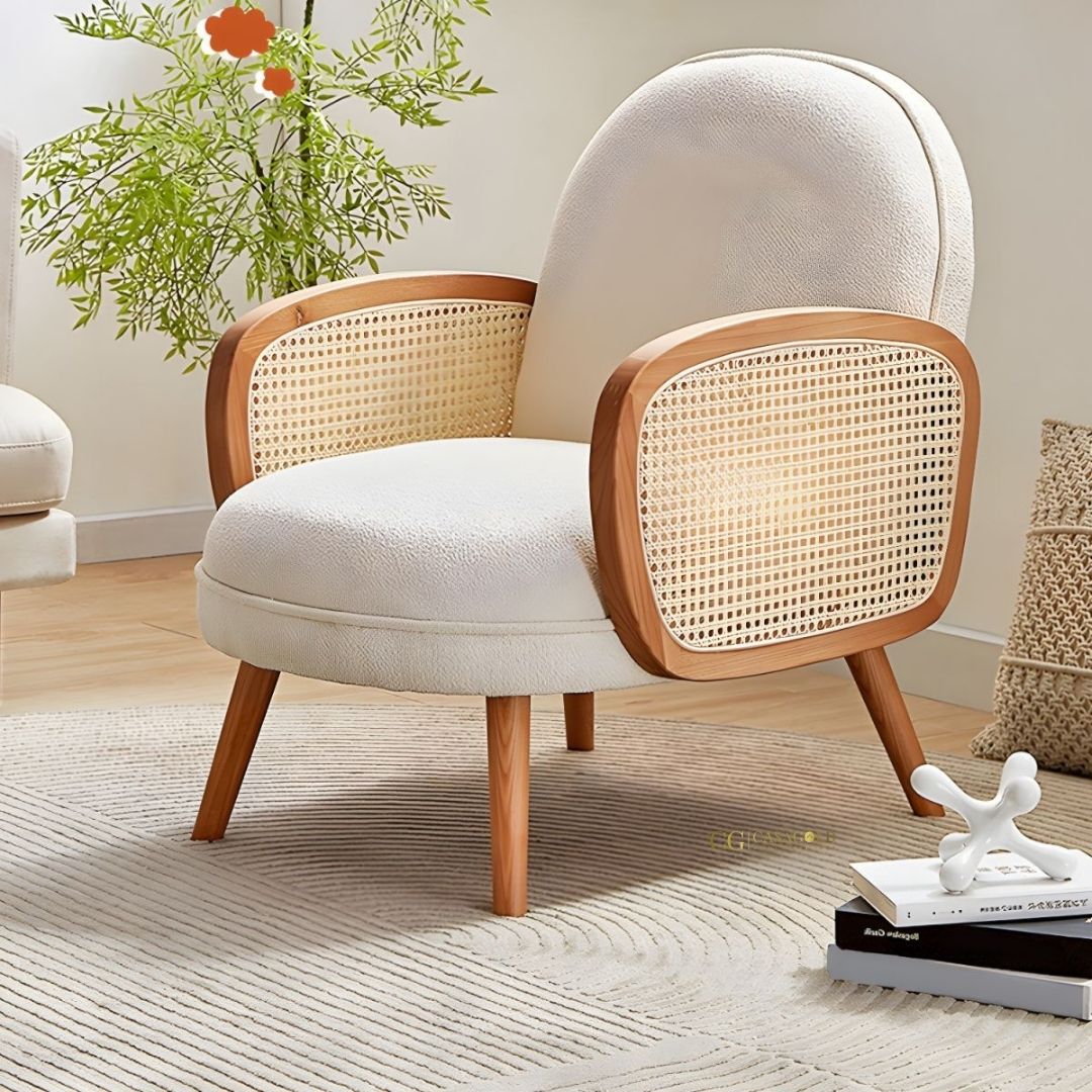 Handcrafted rattan sofa and accent chair with velvet finish