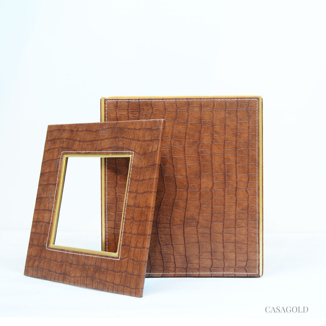 Handcrafted Tan croco Leather dustbin with polished finish
