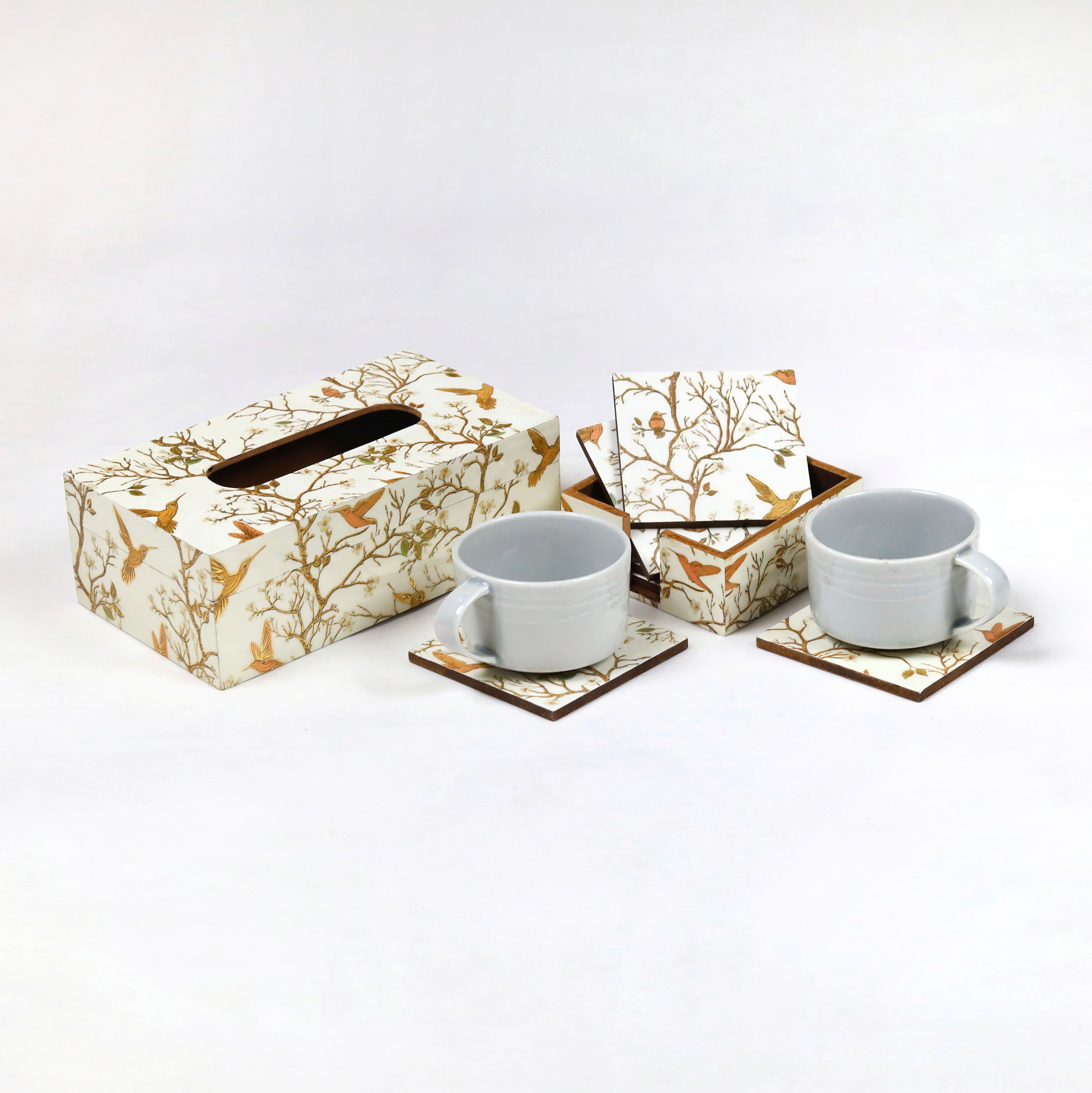 Handcrafted wooden coaster paired with a tissue box