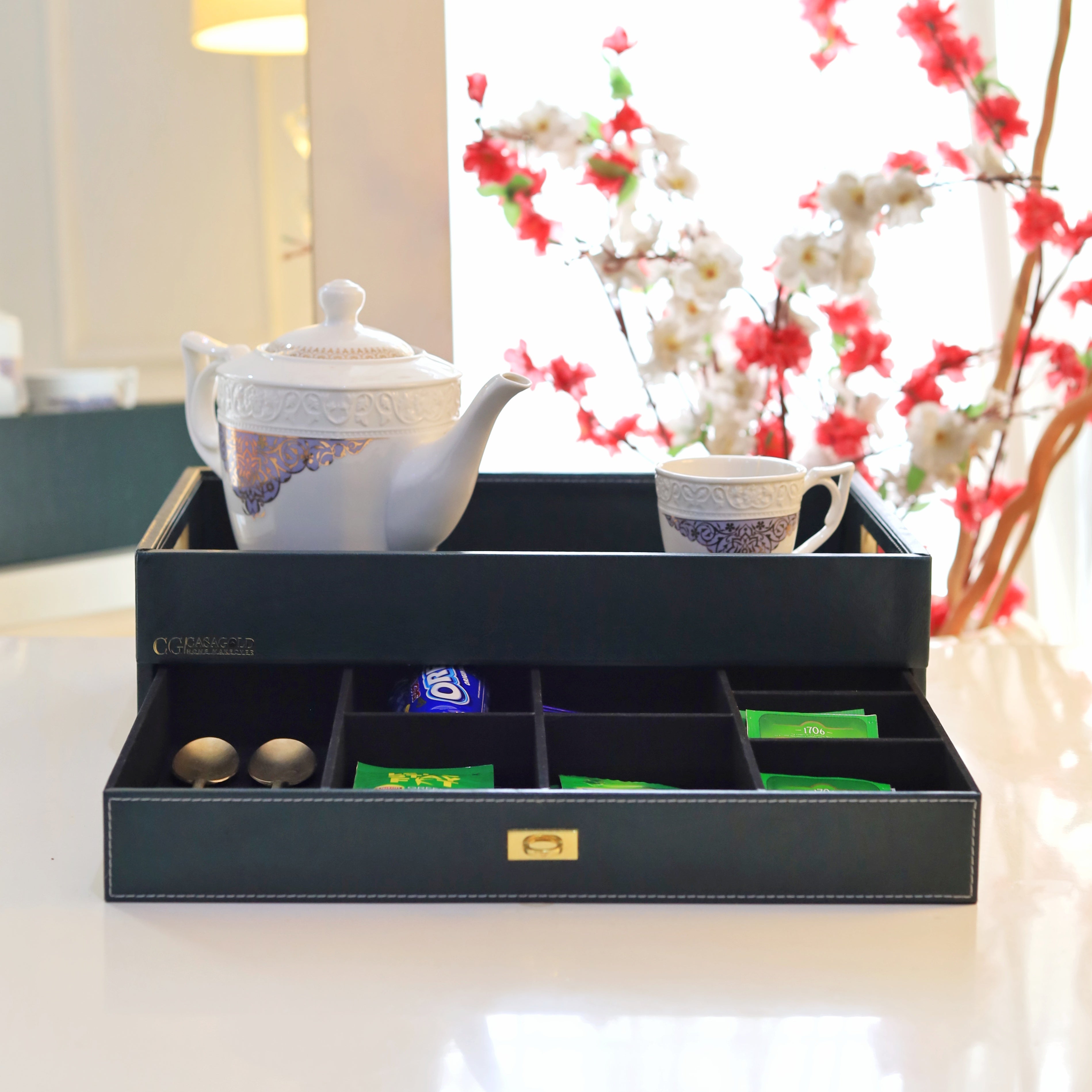 Handcrafted wooden tray with luxury storage sections