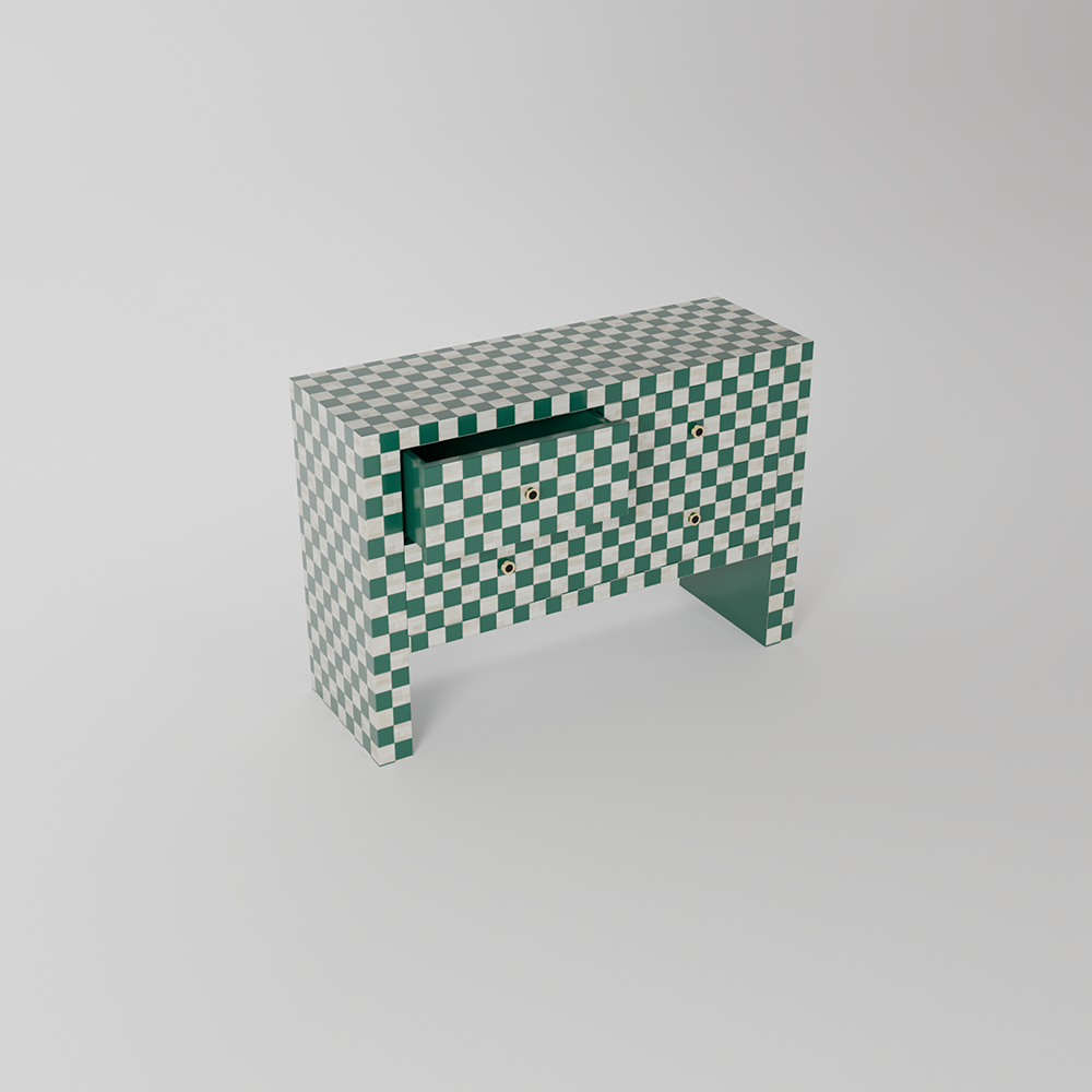 A modern low-profile desk or console table with a green and white checkerboard pattern, featuring a central mail slot and small drawer fronts, shown on a neutral light gray background.