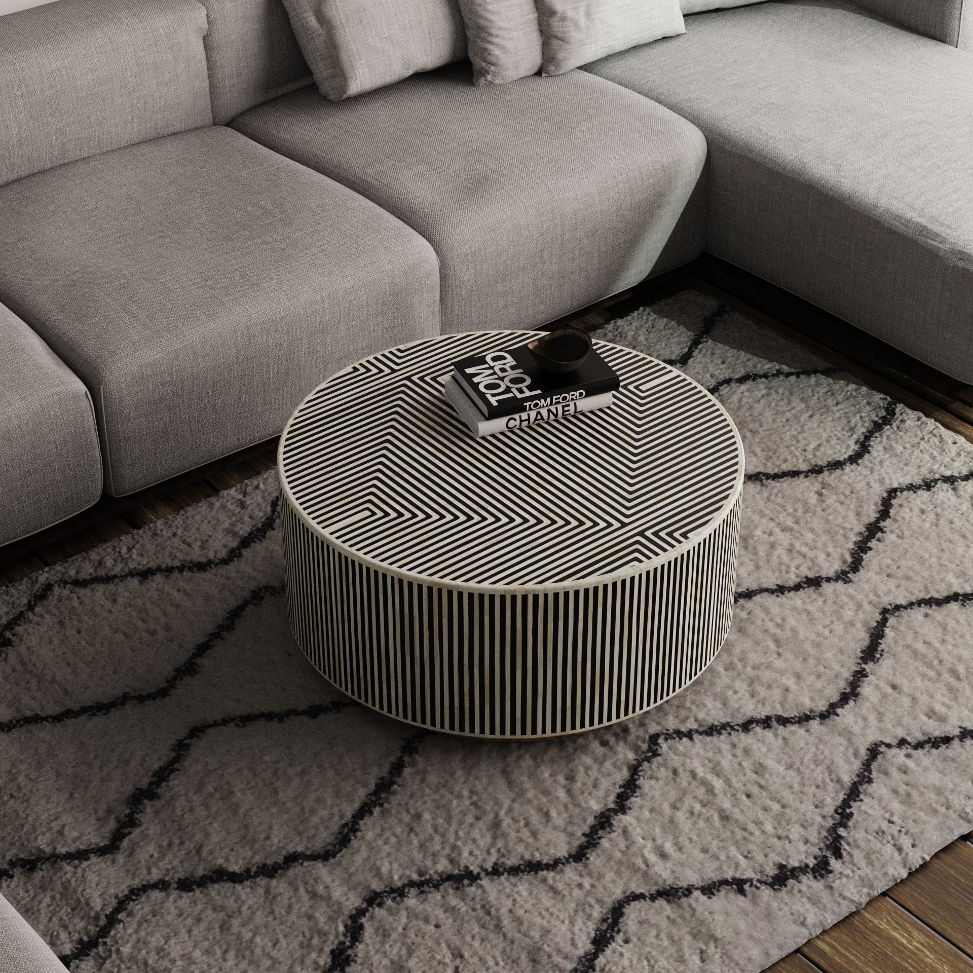 Handmade Round Coffee Table with Inlay Art