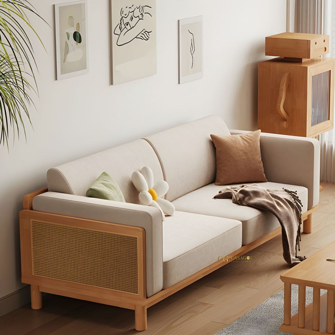 "Handwoven natural rattan 3-seater sofa for a rustic and cozy living space"