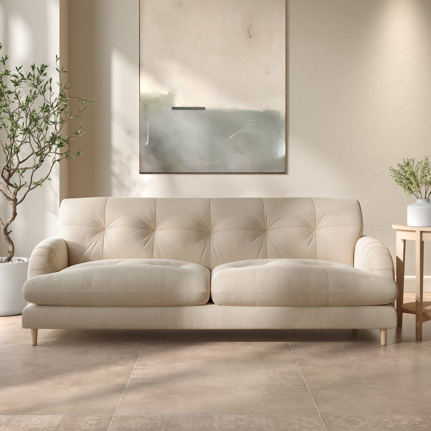 Cream tufted three-seater sofa with wooden legs, available in customisable two-seater option