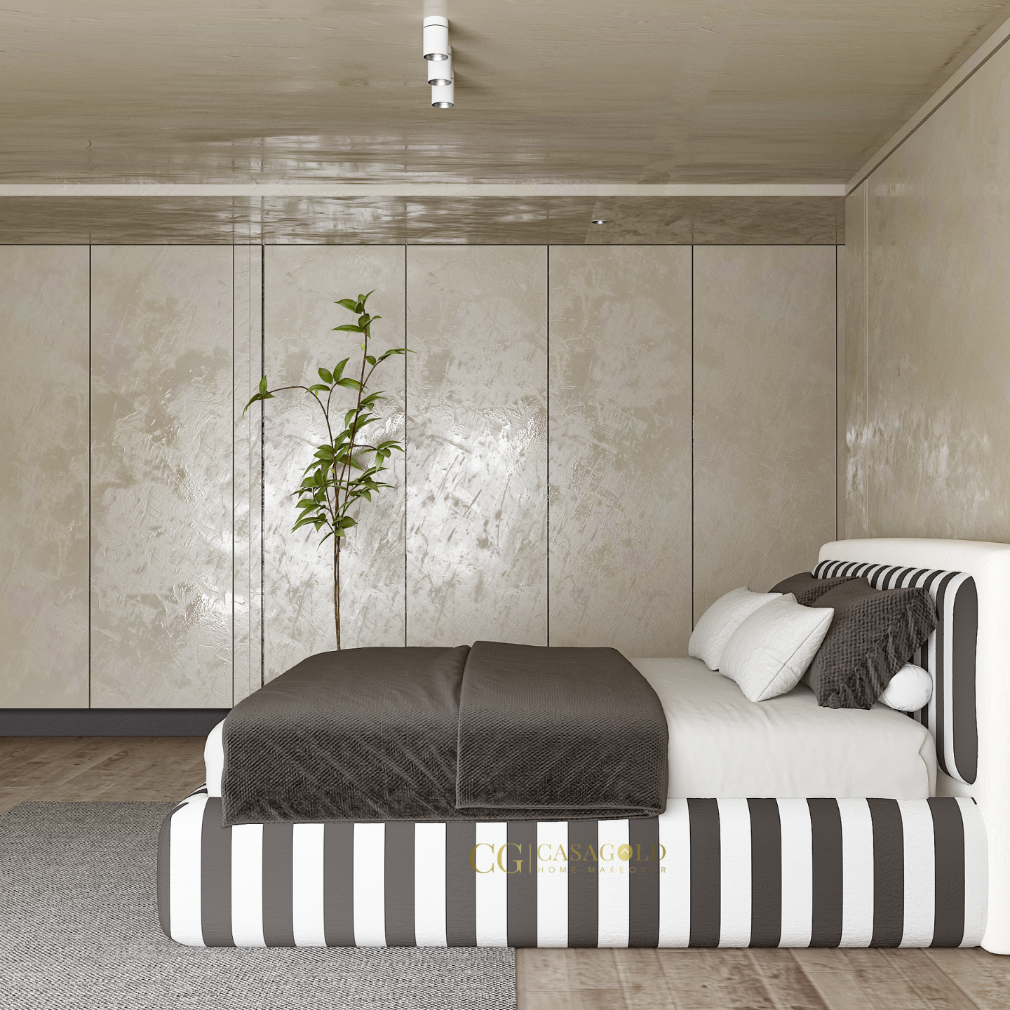 Custom upholstered bed with vertical black and white stripes in a sleek, modern bedroom