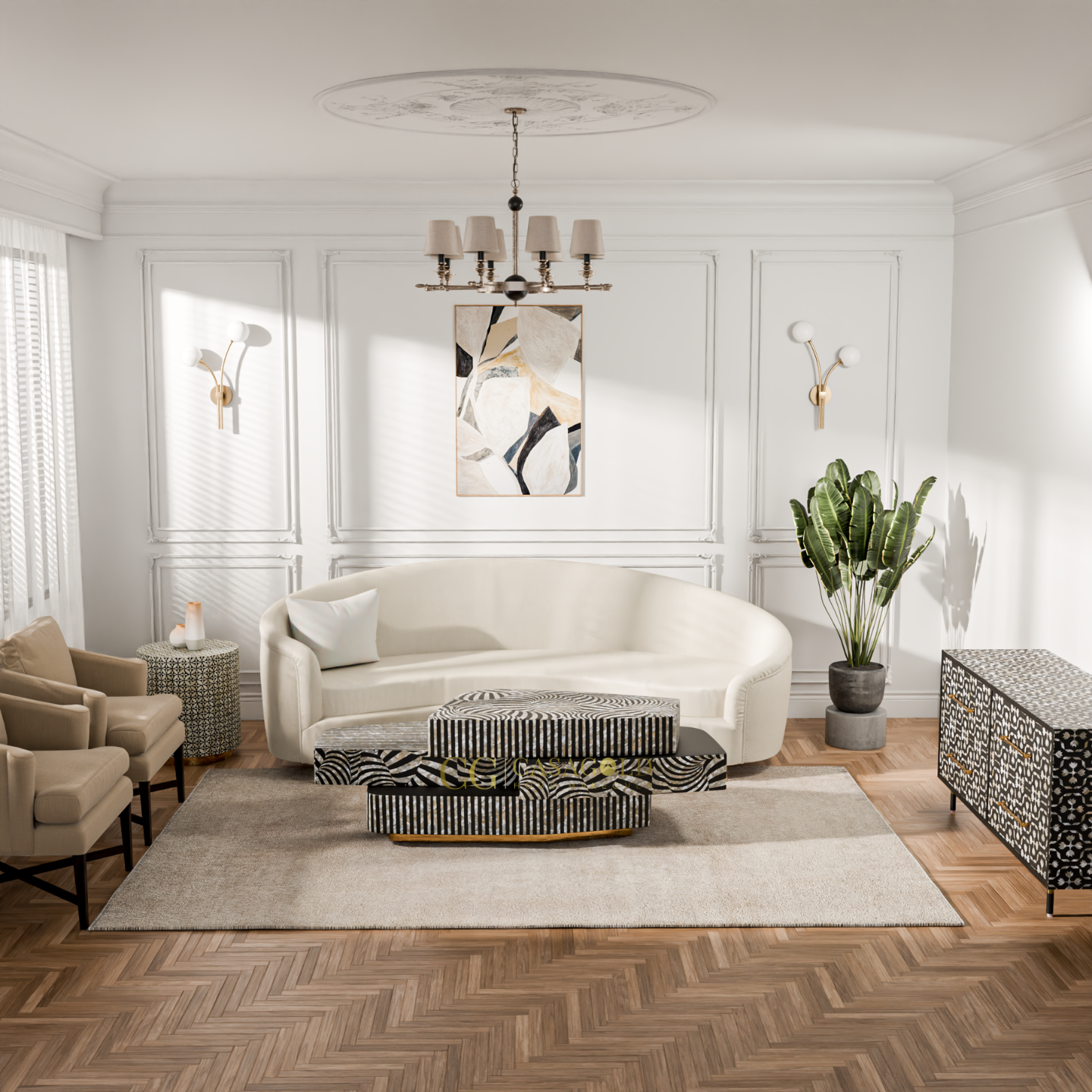 Layered coffee table with optical illusion design featuring black and white wavy and striped patterns.