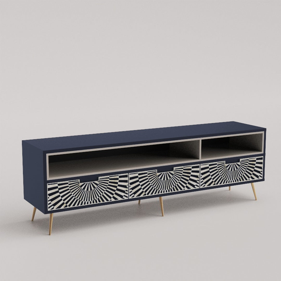 "Indigo and white bone inlay media stand for a contemporary and minimalist aesthetic"