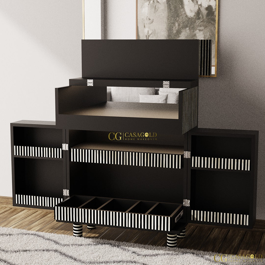 "Industrial bar cabinet made of wood with lockable doors for secure storage"