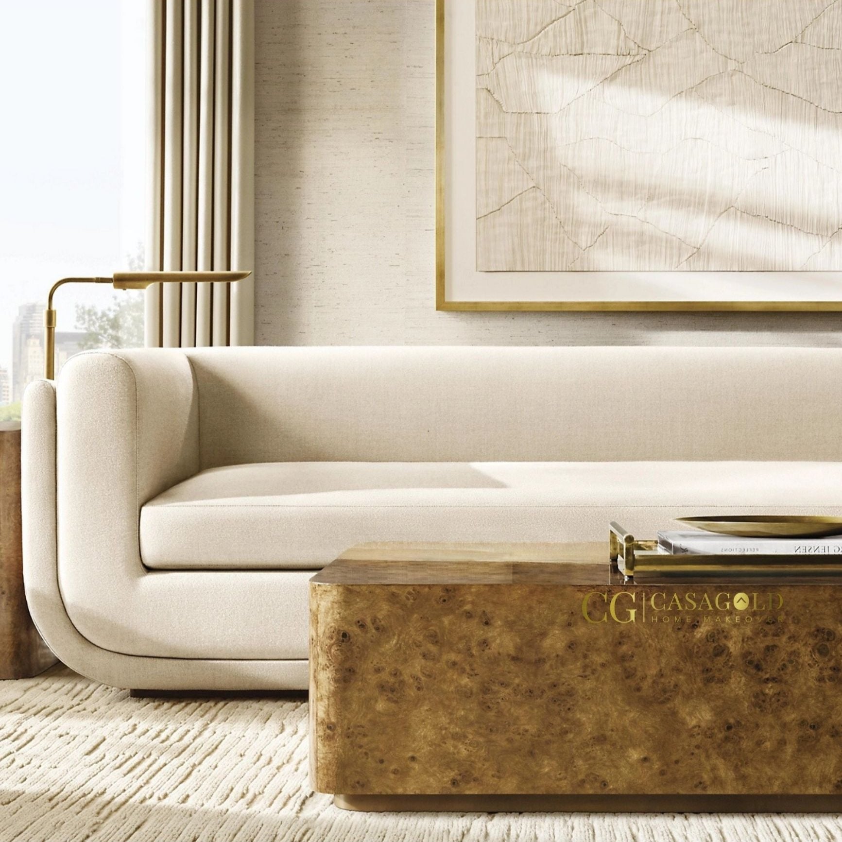 "Italian 3-seater sofa with gold accents for a sophisticated look"