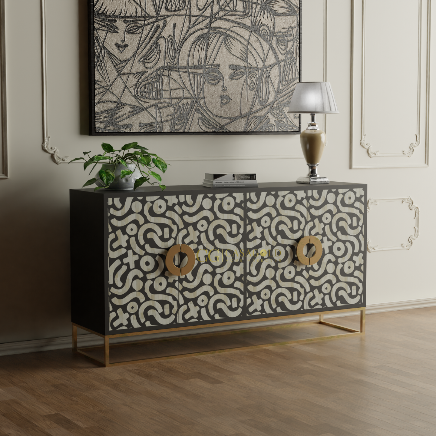 Ivory Geometric Bone Inlay Sideboard