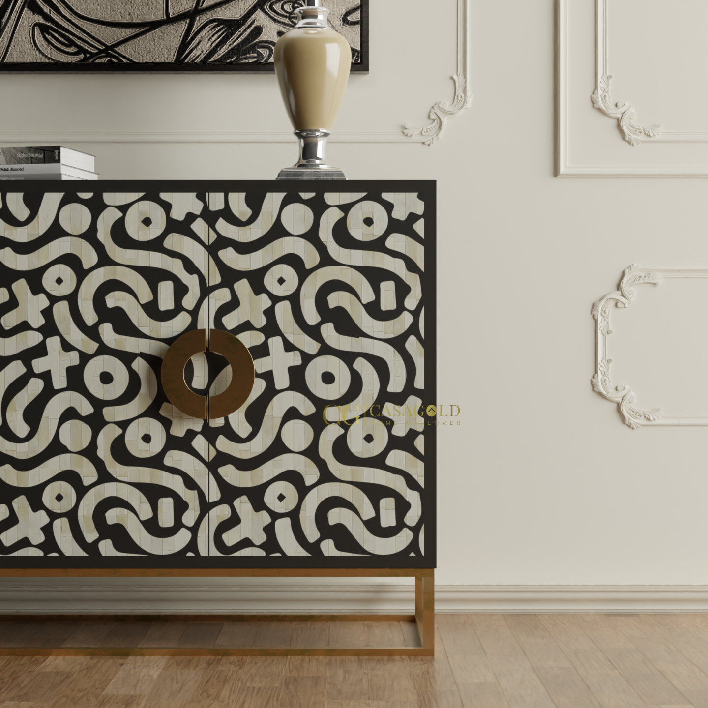 Ivory Kara bone inlay sideboard with delicate craftsmanship.
