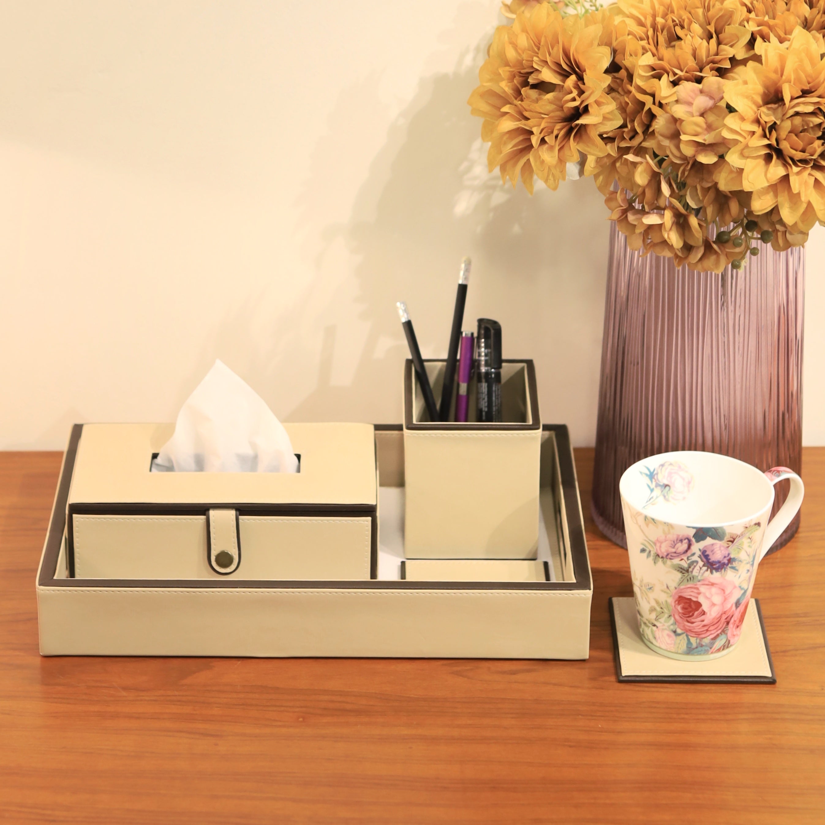 Leather desk organizer with built-in drawer