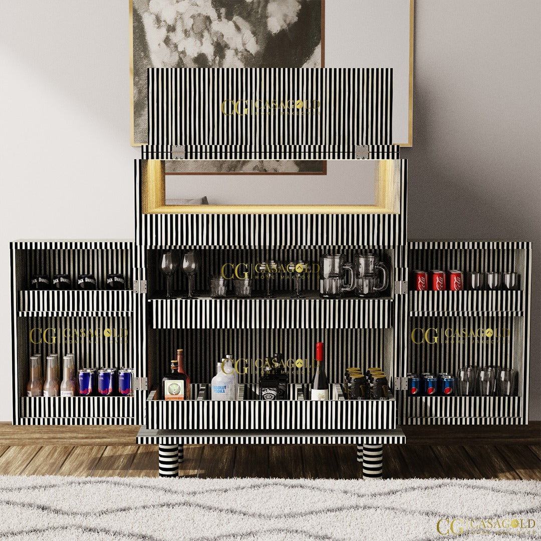 "Large bar cabinet equipped with LED lighting for a stylish and practical home bar setup"