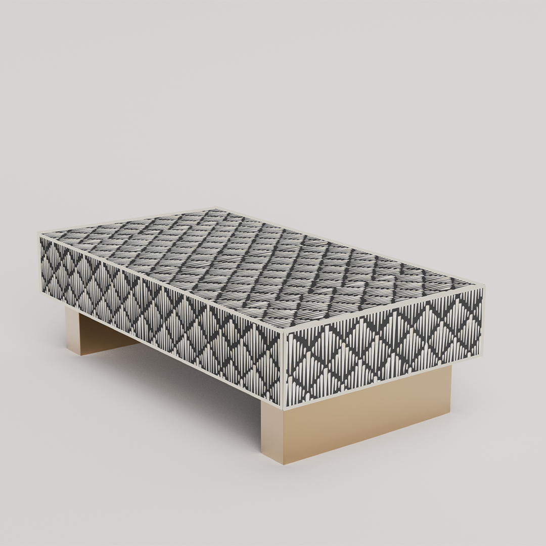 "Large rectangular coffee table with bone inlay for spacious living areas"