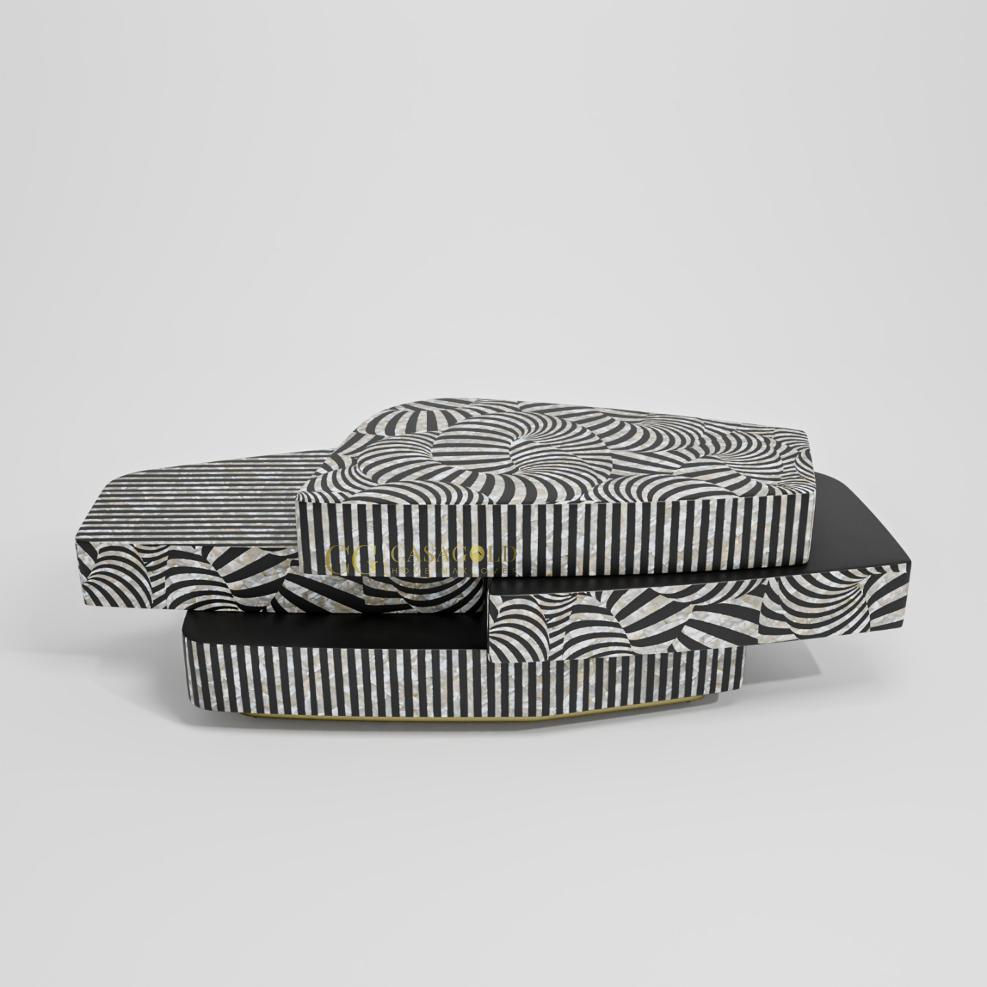 Decorative coffee table with a black and white visual distortion motif across tiered rectangular platforms.