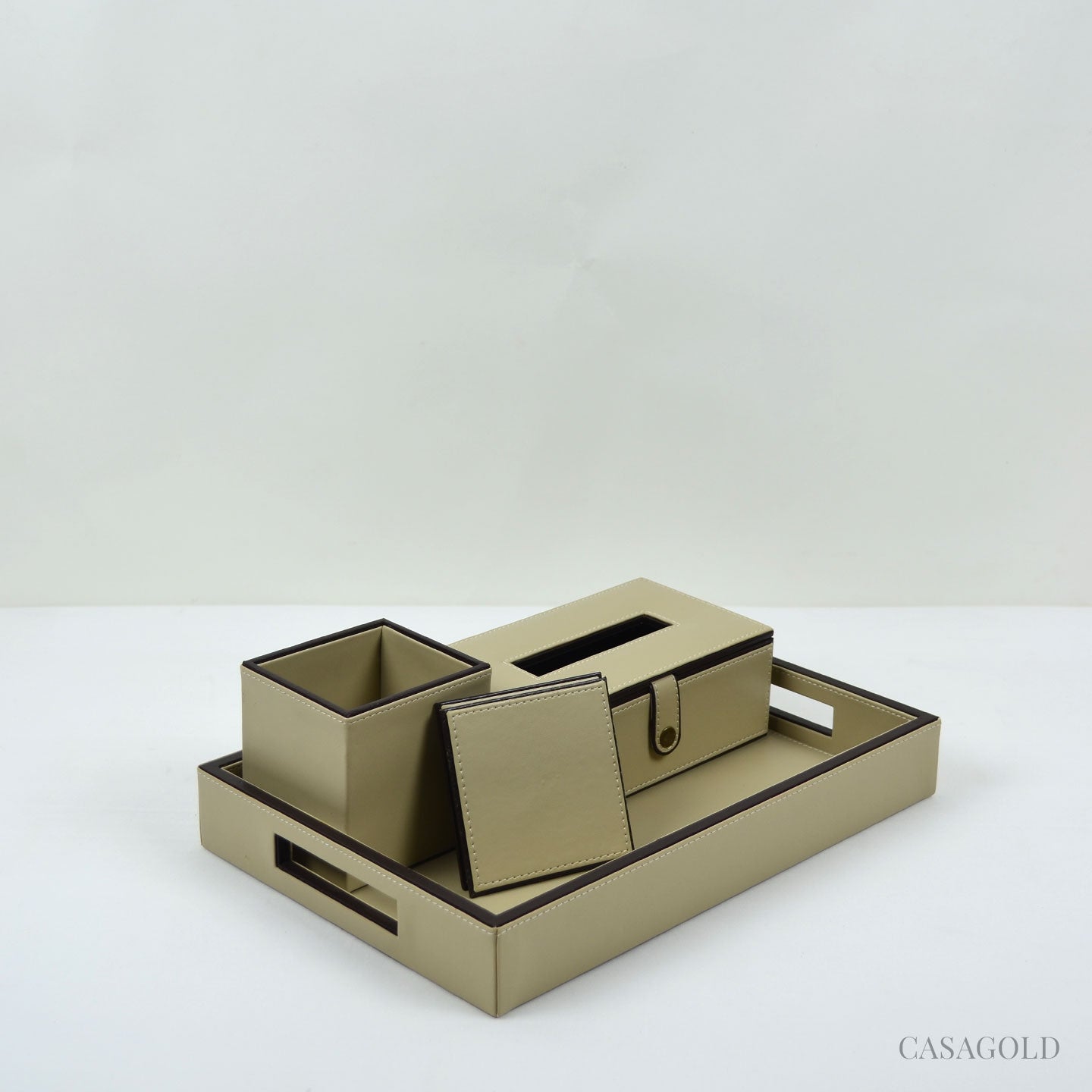 Leather desk organizer with charging dock