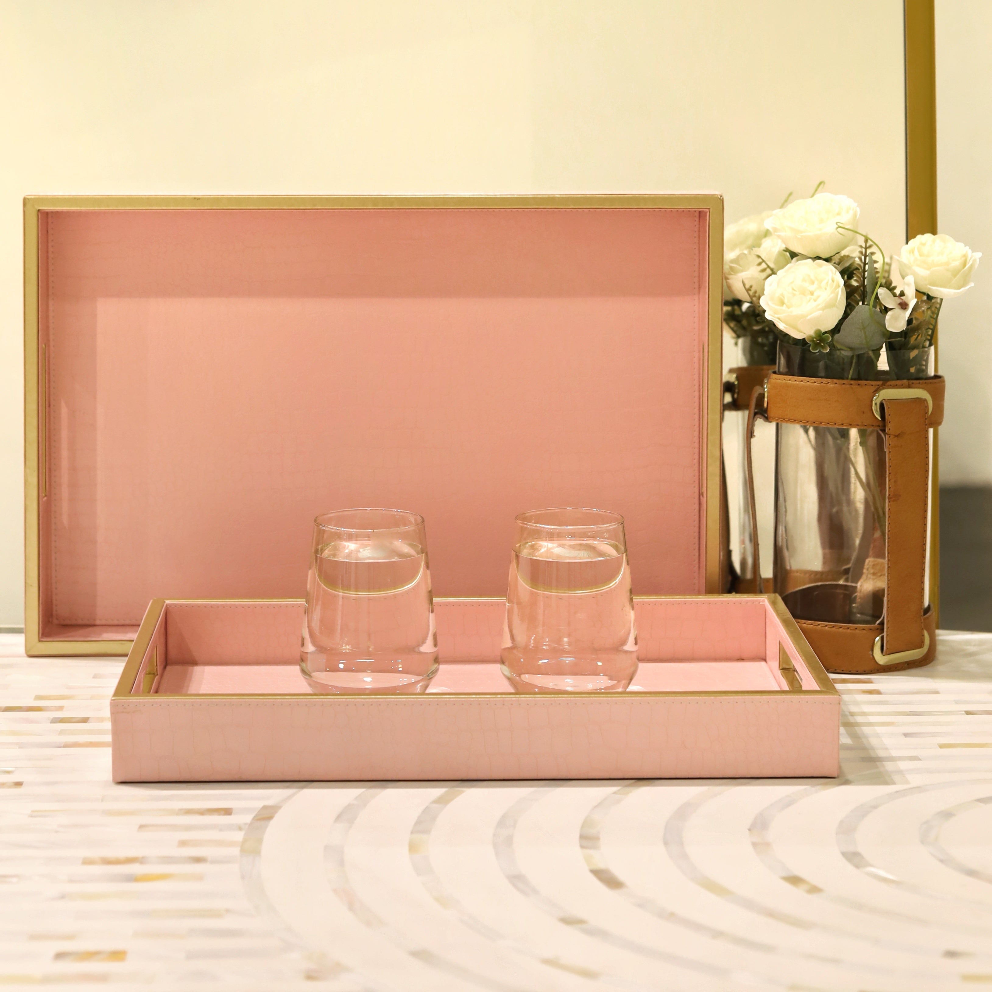 Premium leather tray with decorative stitching details