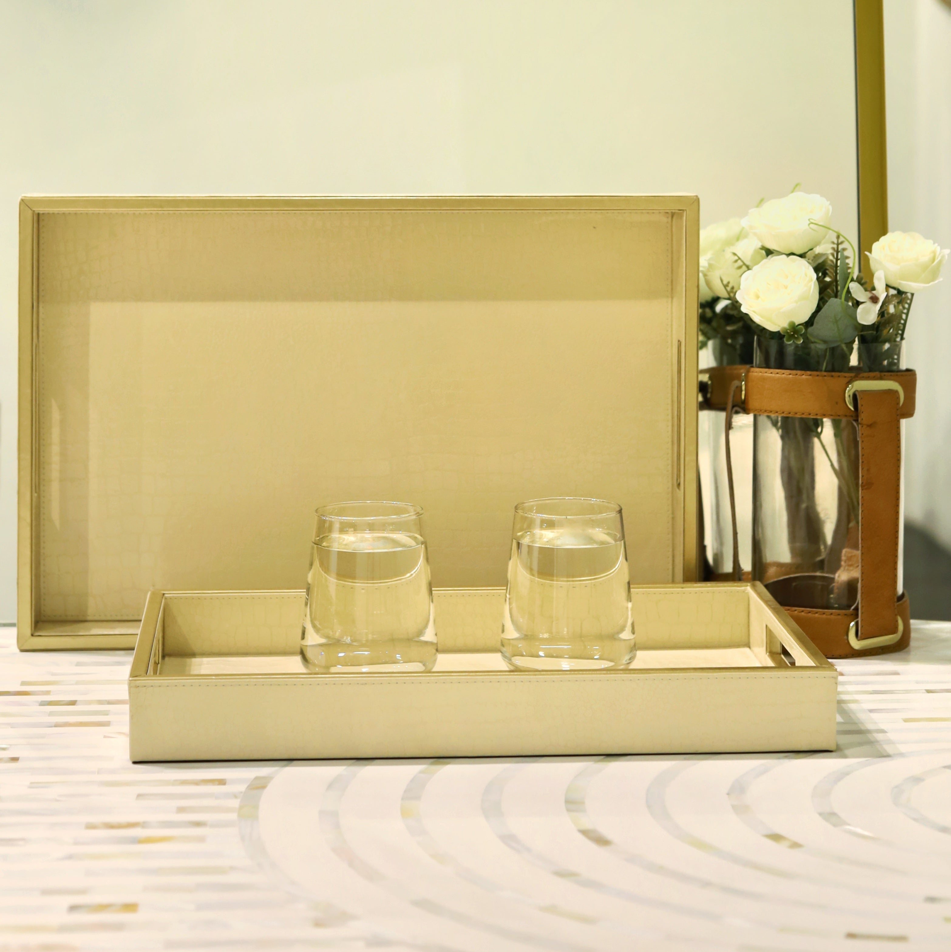 Stylish leather tray with handles for serving guests